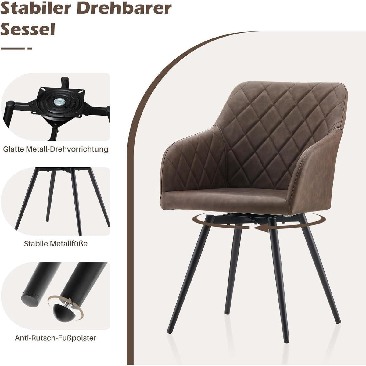 Drehbare Esszimmerstühle 2er Set Braun – Bequeme Stühle in Lederoptik