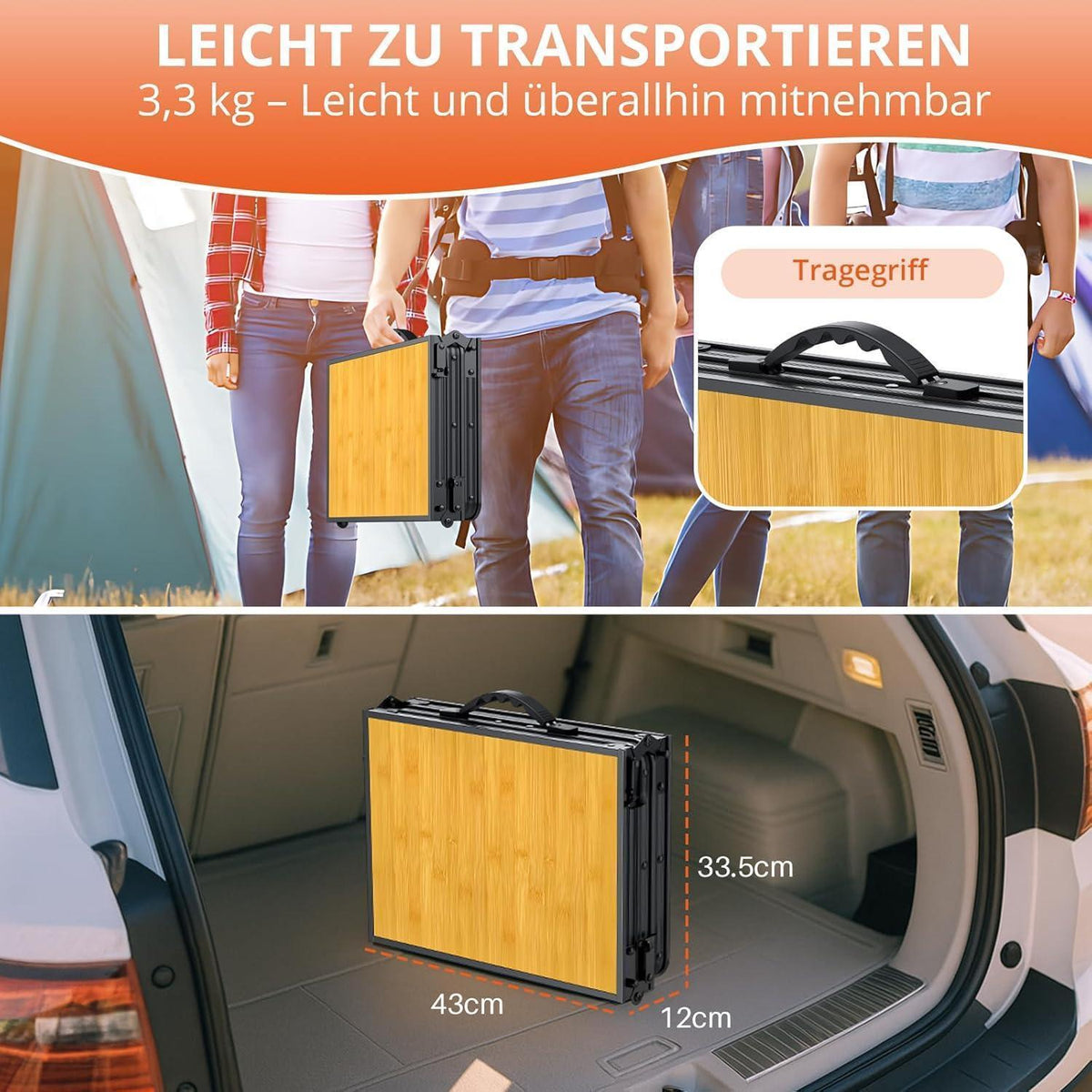 Höhenverstellbarer Campingtisch 87x40cm, 3 Höhen, Schwarzgelb