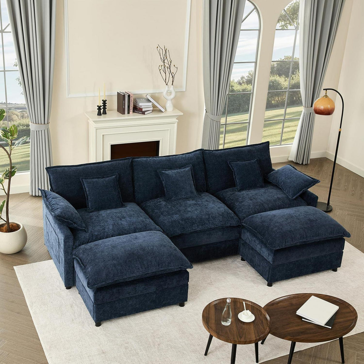 Modulares U-förmiges Sofa 3-Sitzer Navyblau mit Hocker