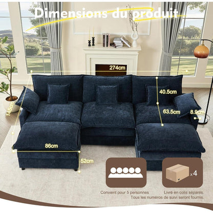 Modulares U-förmiges Sofa 3-Sitzer Navyblau mit Hocker