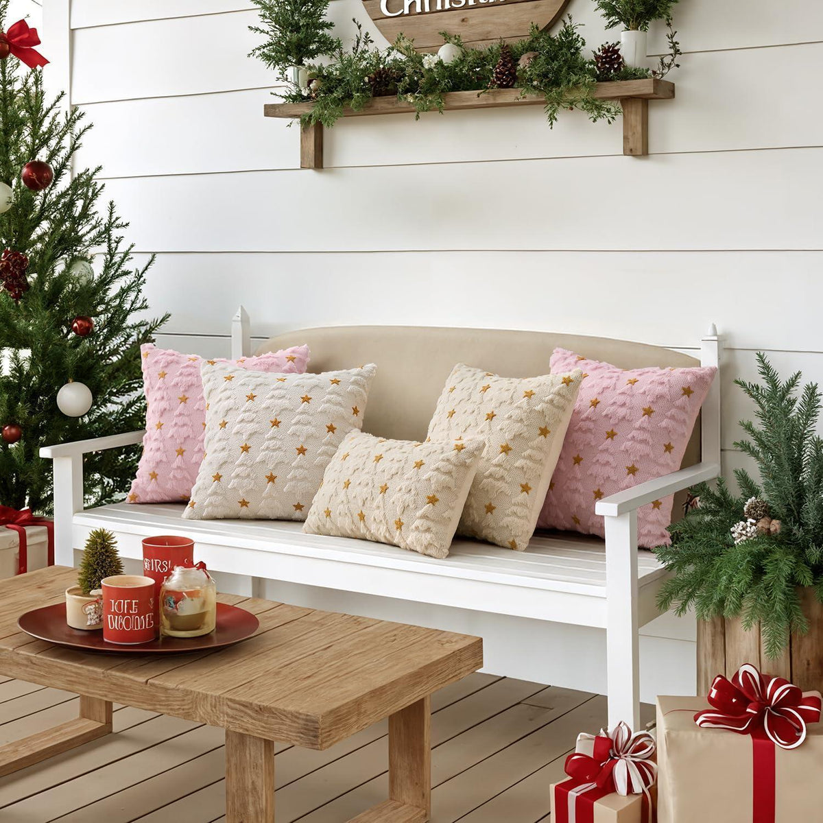 Weihnachtliche Kissenbezüge 2er Set - Samt & Wolle, Beige 50x50cm