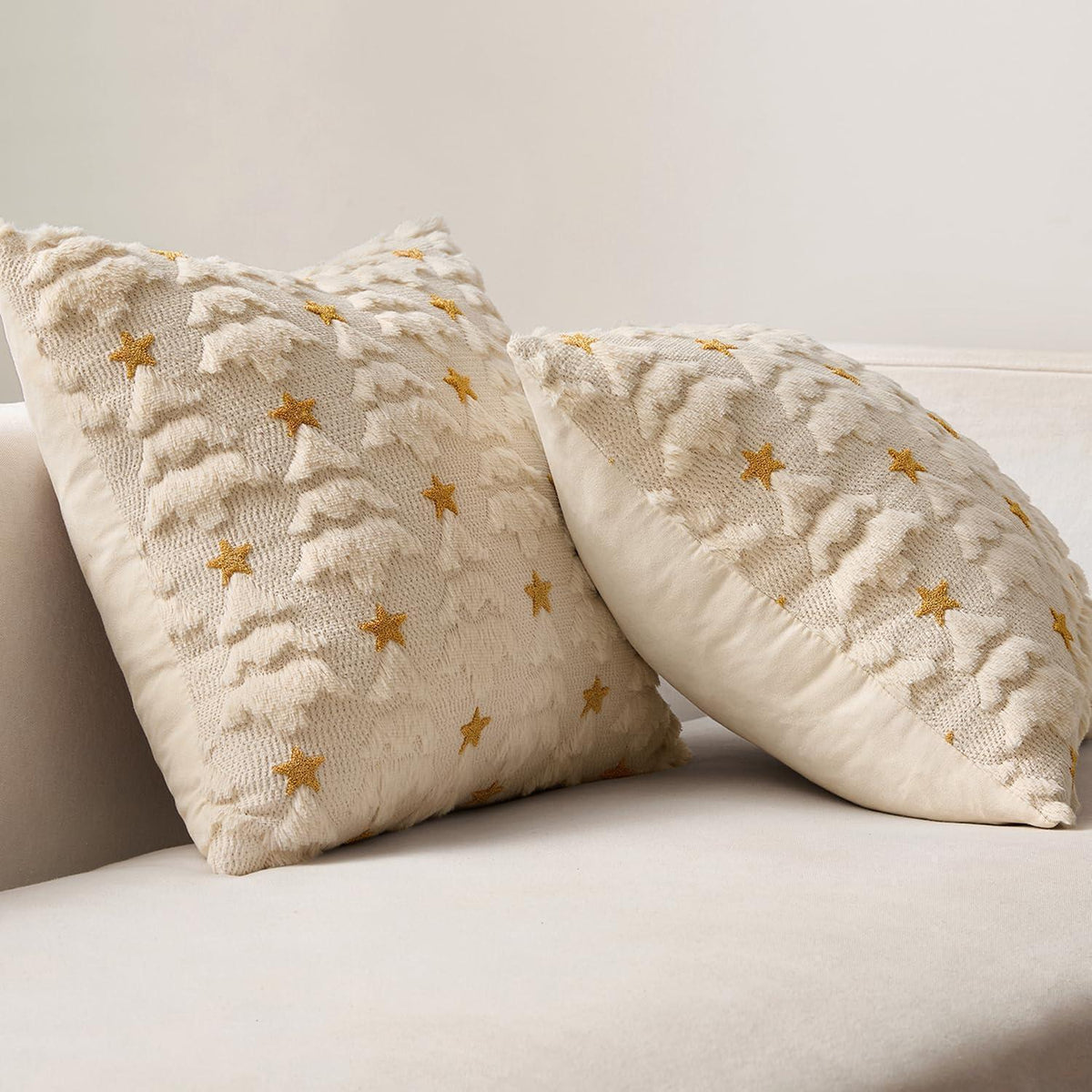 Weihnachtliche Kissenbezüge 2er Set - Samt & Wolle, Beige 50x50cm