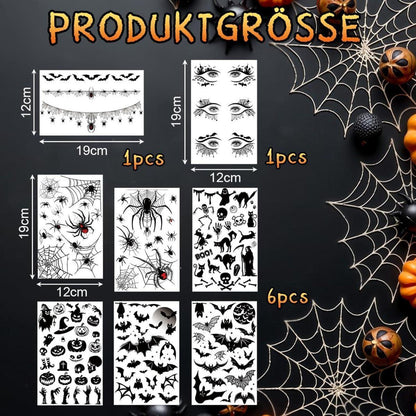 Halloween Gesichts-Tattoos 8 Blatt Fledermäuse Spinnen Augen Halskette