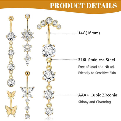 5er Set Bauchnabelpiercing Schmetterling Gold Chirurgenstahl Hängend