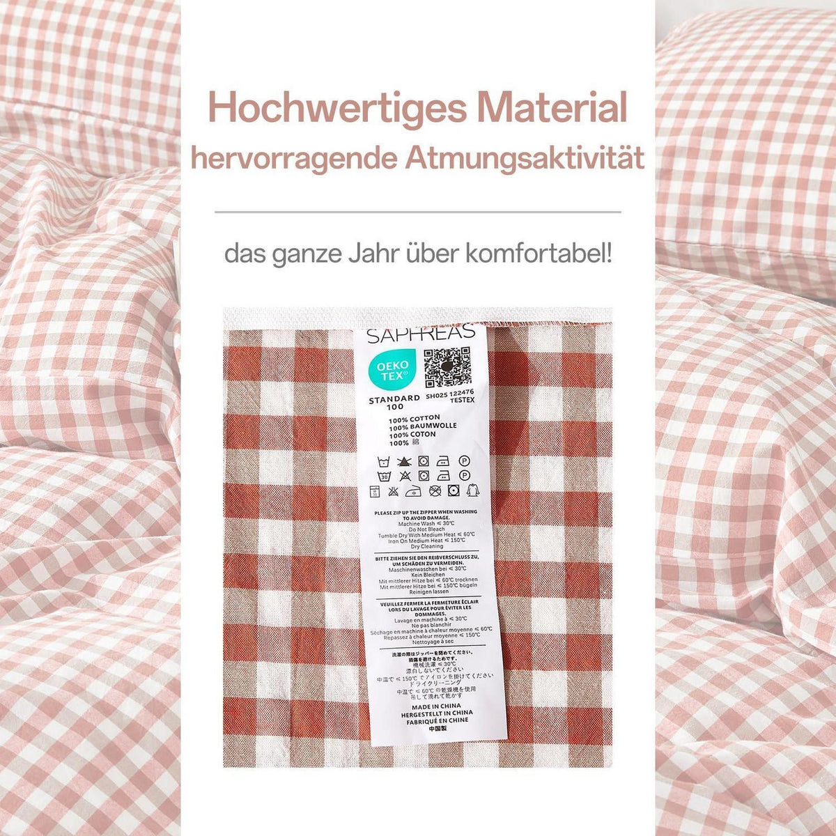 Gewaschene Baumwoll Bettwäsche Set 200x220 Ziegelrot 3tlg. Karomuster