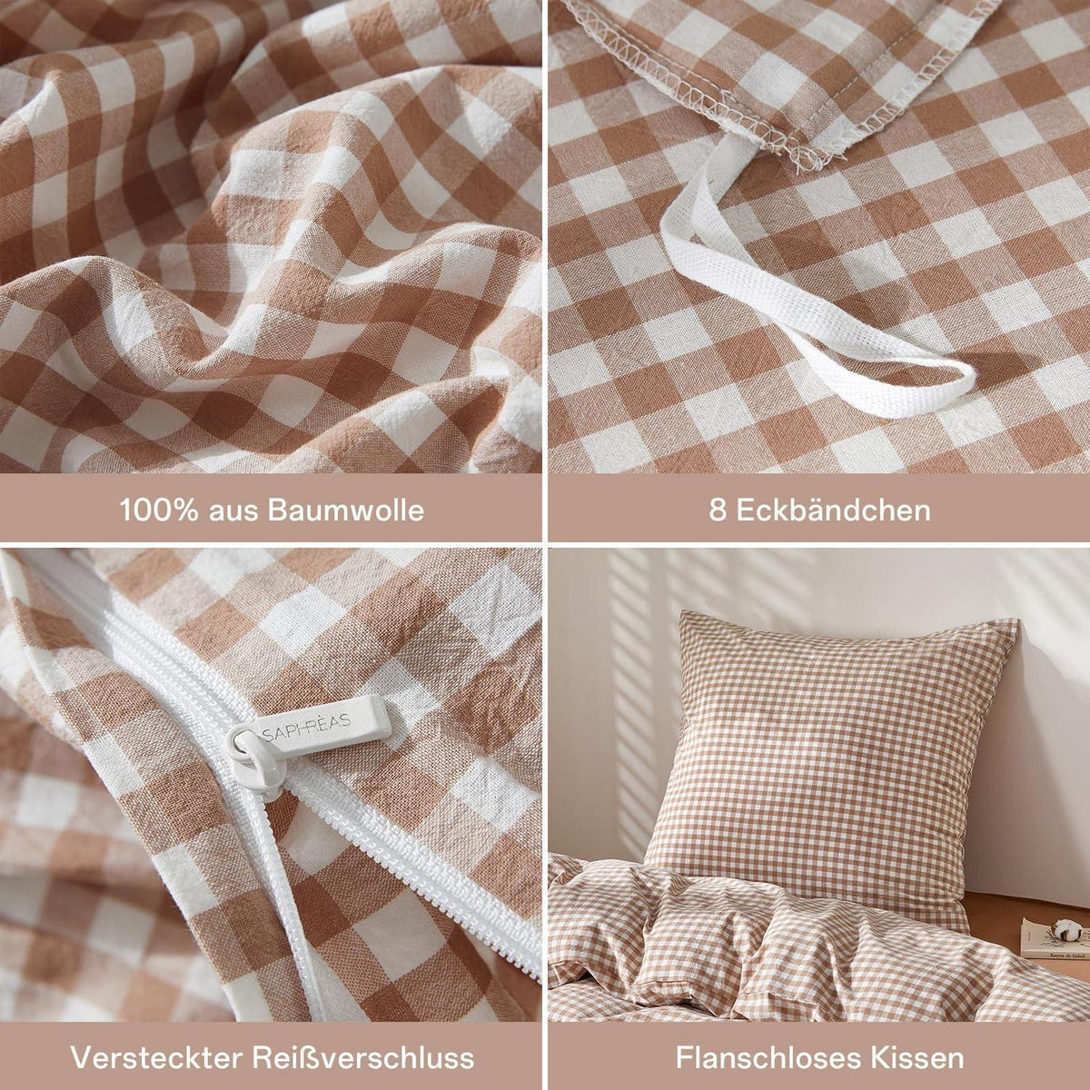 Gewaschene Baumwoll Bettwäsche Set 200x200 Taupe Kariert 3tlg.