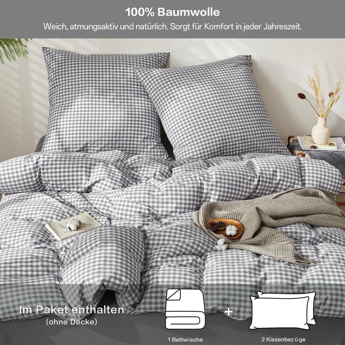 Gewaschene Baumwoll Bettwäsche Set Grau Kariert 200x200 cm