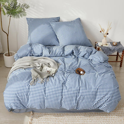 3tlg. Karierte Baumwoll Bettwäsche Set 200x220 Marineblau