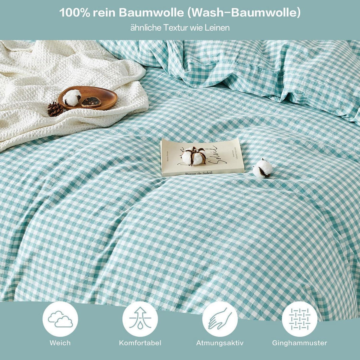 Gewaschene Baumwoll Bettwäsche Set Türkisblau 200x220 cm 3tlg.