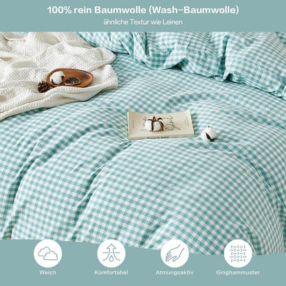 Gewaschene Baumwoll Bettwäsche Set Türkisblau 200x220 cm 3tlg.
