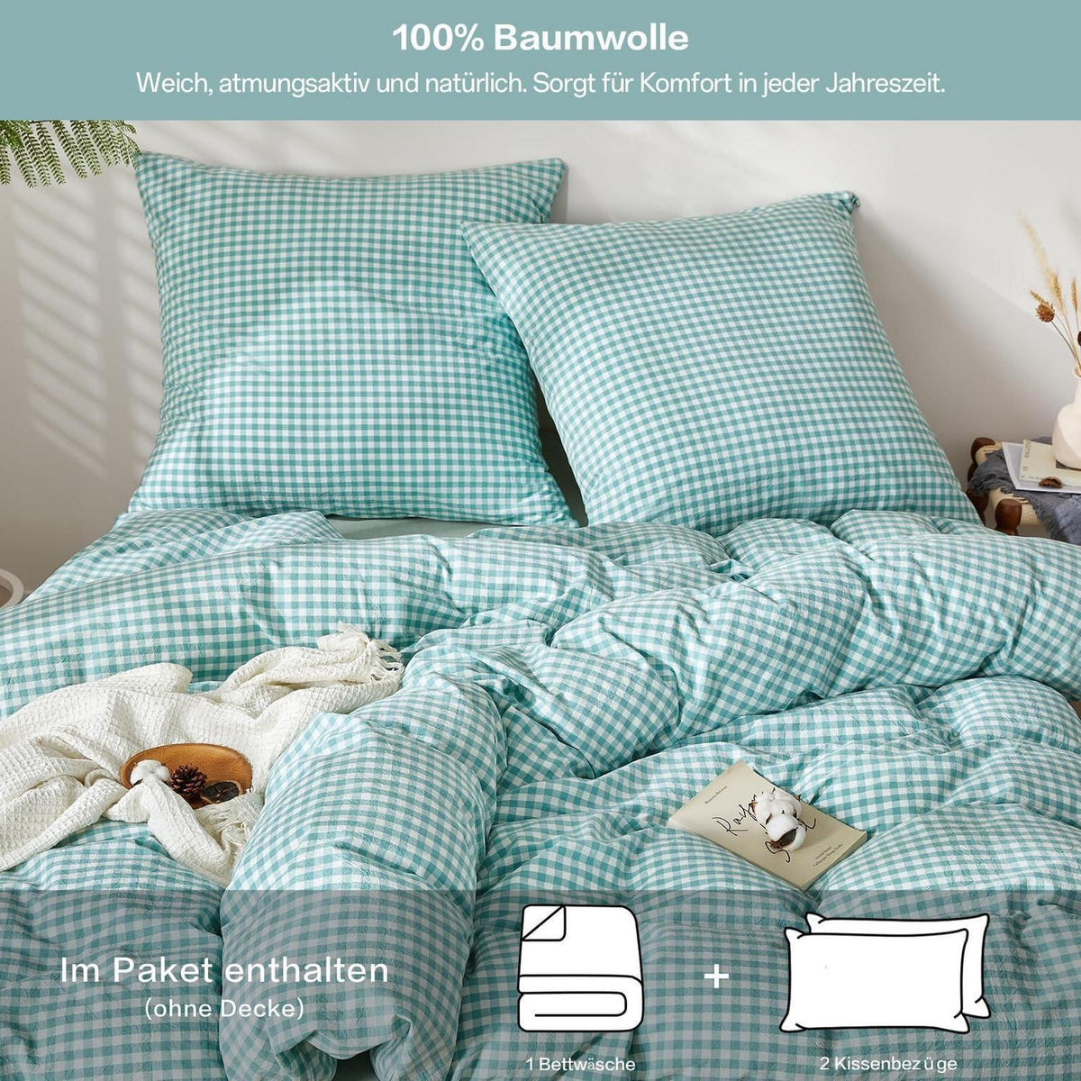 Gewaschene Baumwoll Bettwäsche Set Türkisblau 200x220 cm 3tlg.