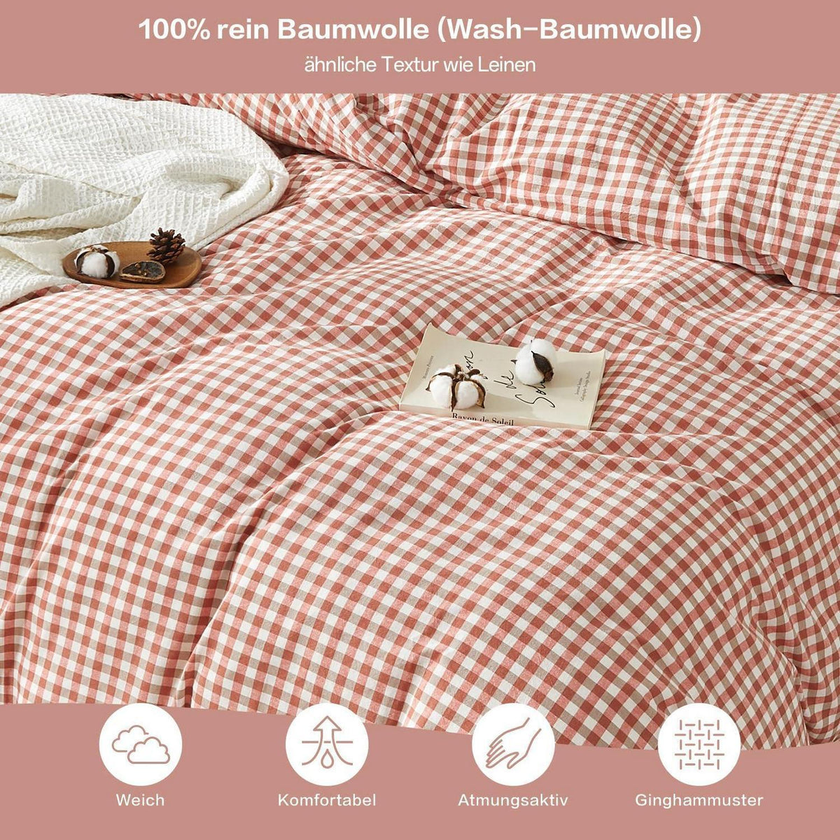 Gewaschene Baumwoll Bettwäsche Set 200x200 Ziegelrot 3tlg. Karomuster
