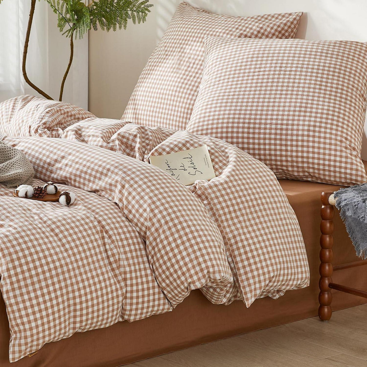 Gewaschene Baumwoll Bettwäsche Set 200x220 Taupe Kariert 3tlg.