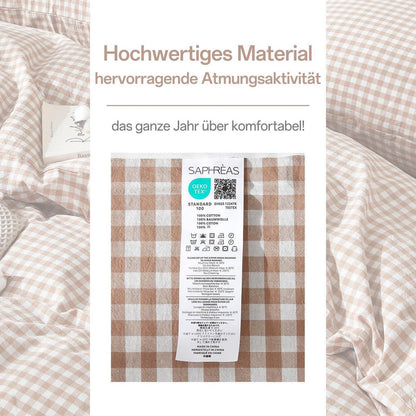 Gewaschene Baumwoll Bettwäsche Set 200x220 Taupe Kariert 3tlg.