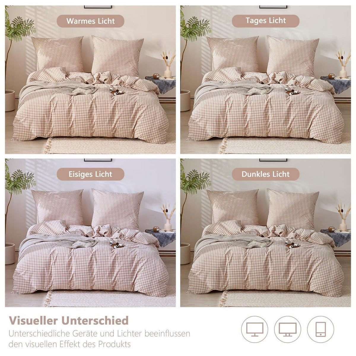 Gewaschene Baumwoll Bettwäsche Set 200x220 Taupe Kariert 3tlg.