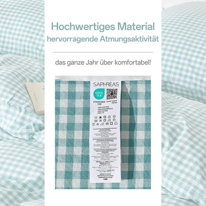 Gewaschene Baumwoll Bettwäsche Set 200x200 Türkisblau 3tlg. Karomuster