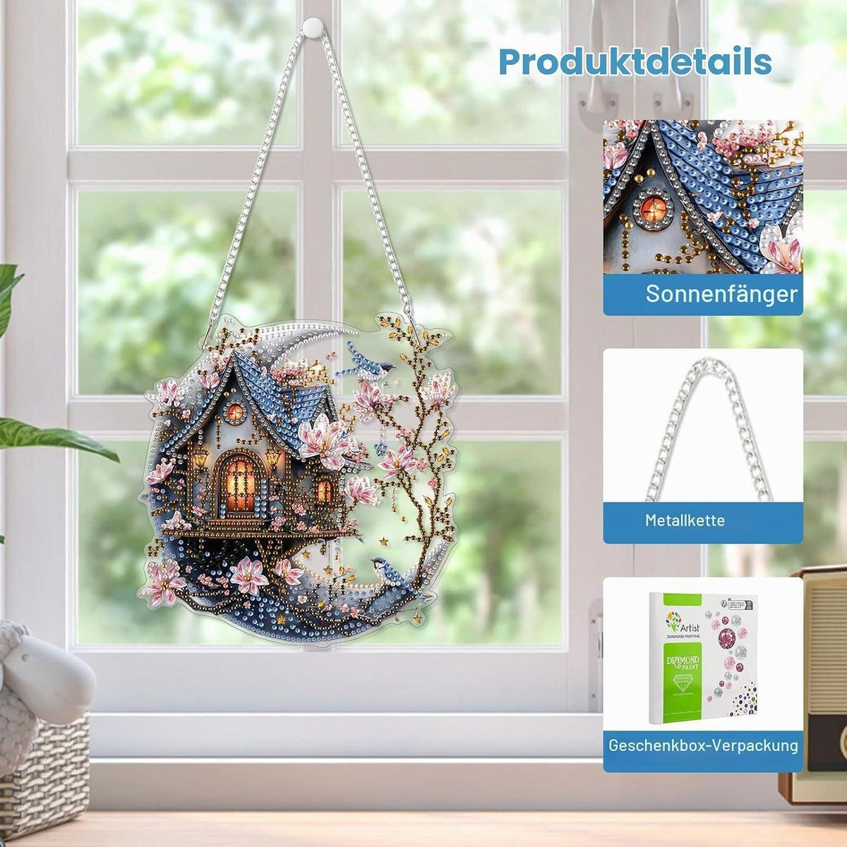 Diamant Painting Anhänger Haus auf dem Mond – DIY Set für Fenster