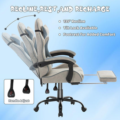 Ergonomischer Gaming-Stuhl mit Fußstütze, Kopfstütze & Lendenkissen – Grau