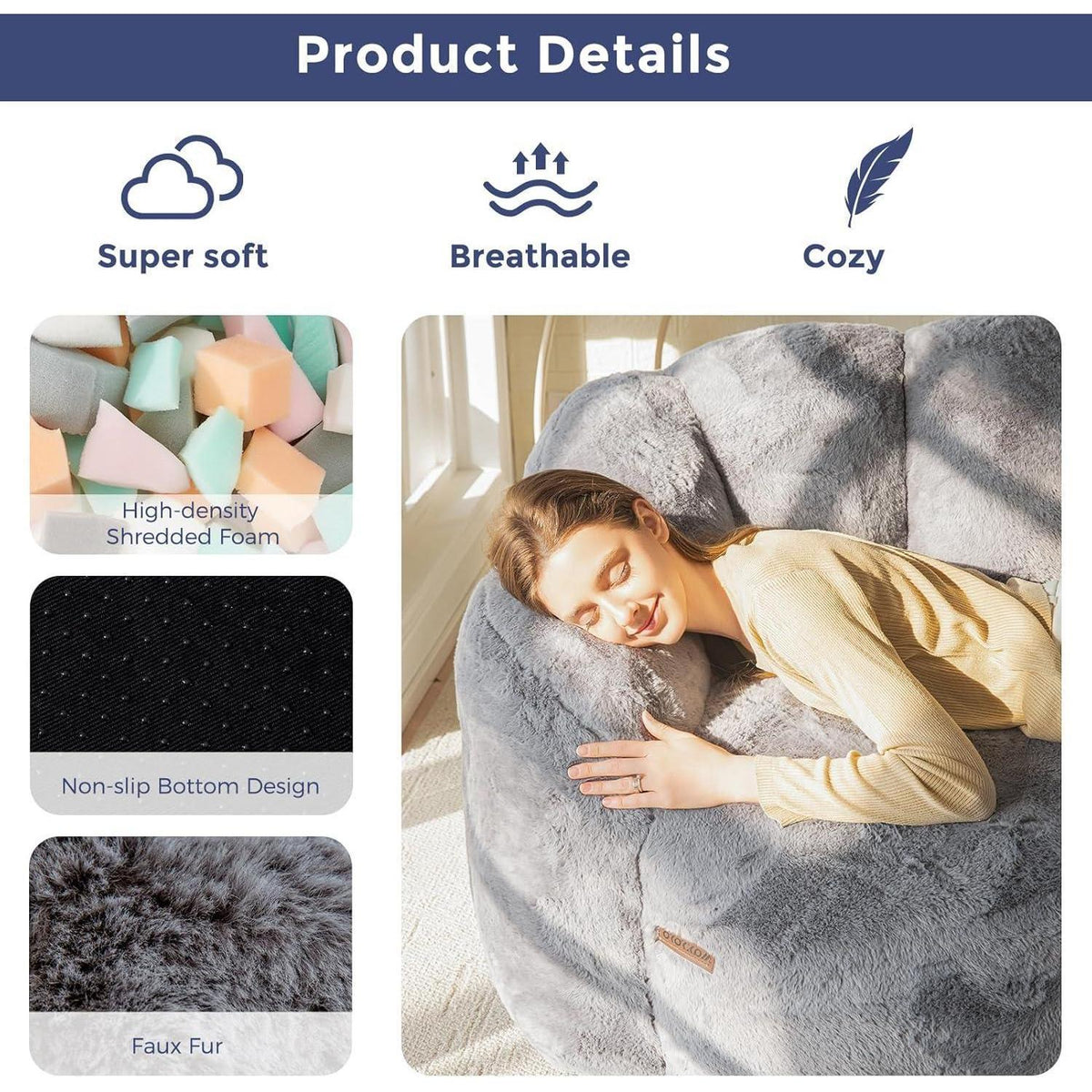Floral Sitzsack 2-Sitzer mit Memory Foam – Grau