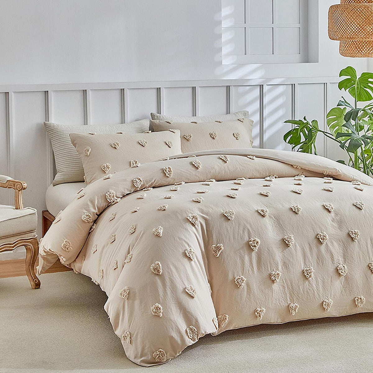 Getuftete Bettwäsche 135x200 Beige mit Herzmuster 4-teilig
