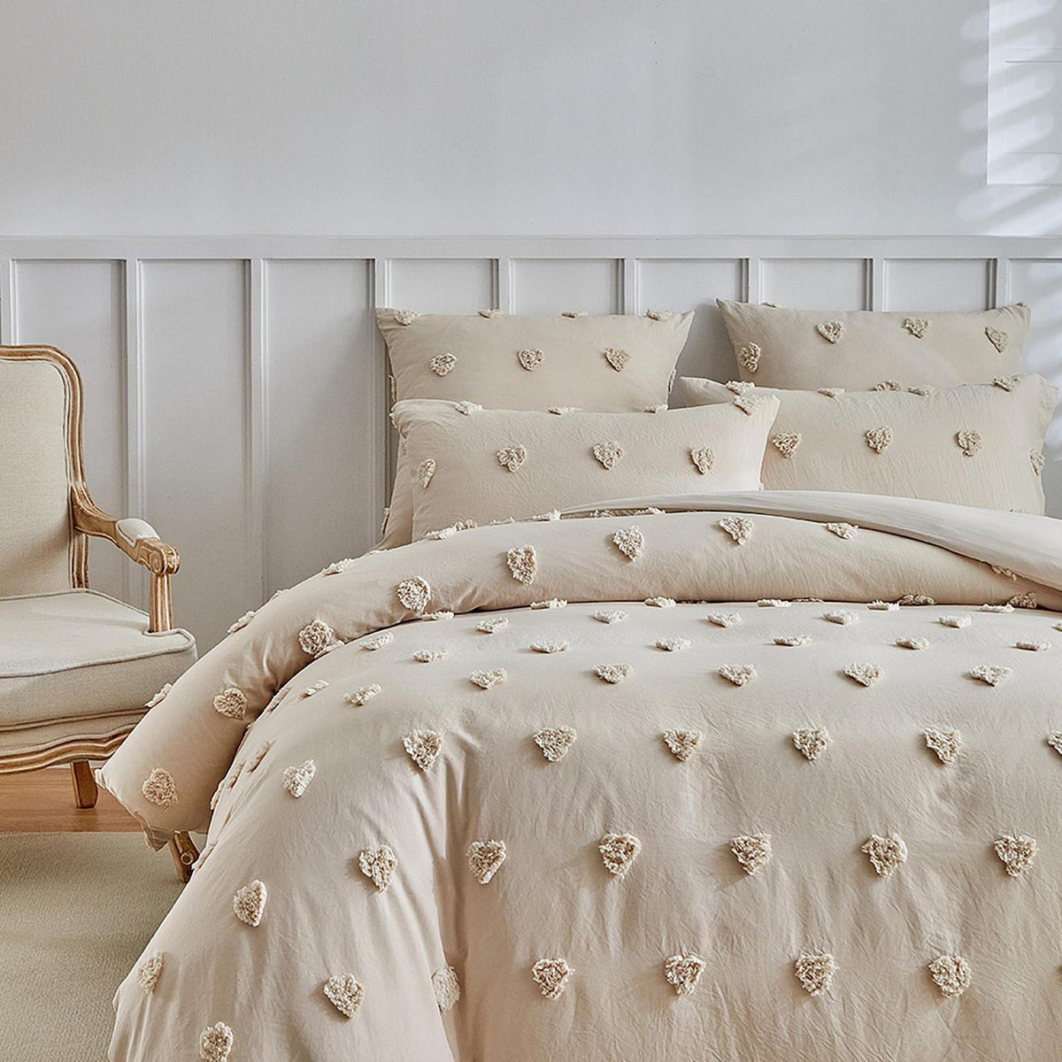 Getuftete Bettwäsche 135x200 Beige mit Herzmuster 4-teilig