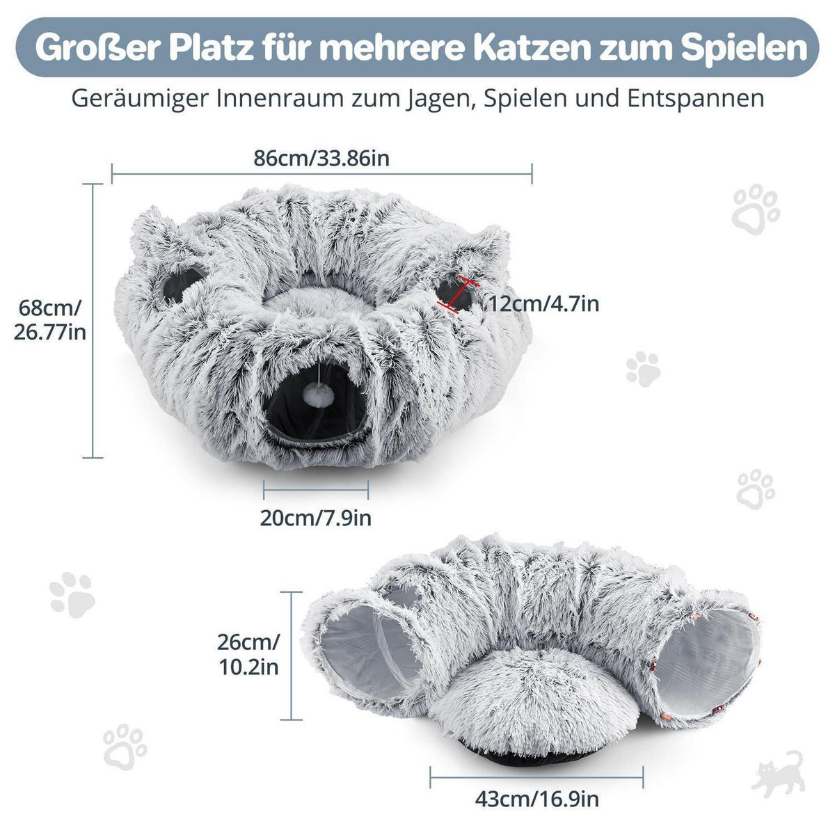 Katzentunnel Spielzeug – Faltbar, Grau, Kuschelig & Interaktiv