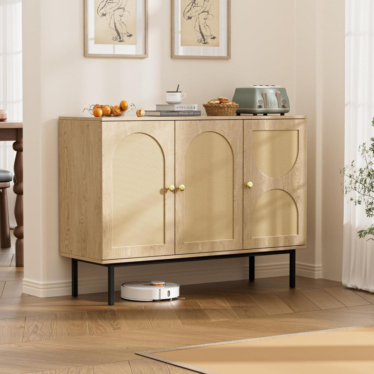 Rattan Sideboard mit 3 Türen & Verstellbaren Ablagen