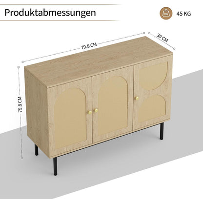 Rattan Sideboard mit 3 Türen & Verstellbaren Ablagen