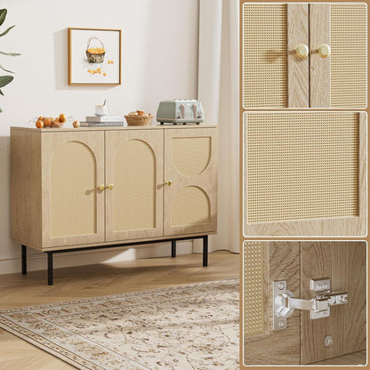 Rattan Sideboard mit 3 Türen & Verstellbaren Ablagen