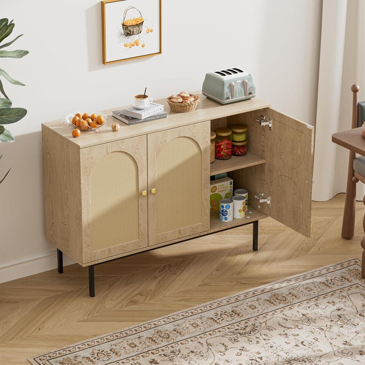 Rattan Sideboard mit 3 Türen & Verstellbaren Ablagen