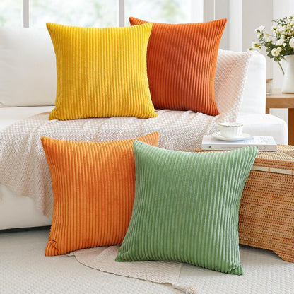 Cord Kissenbezüge 4er Set – Gelb, Orange, Grün – 45x45 cm