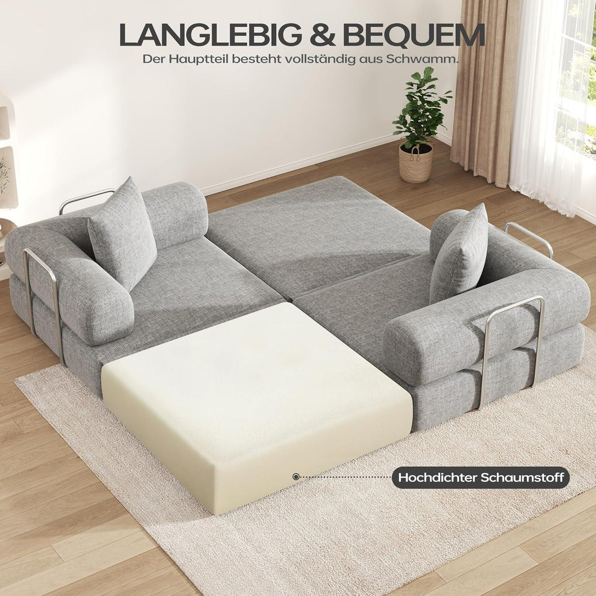 Klappsofa 199cm – Bequemer Futon & Modularer Loveseat Grau