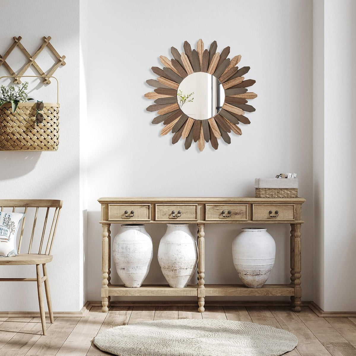 Rustikaler Wandspiegel Holz 48cm – Boho Sonnenschliff Spiegel
