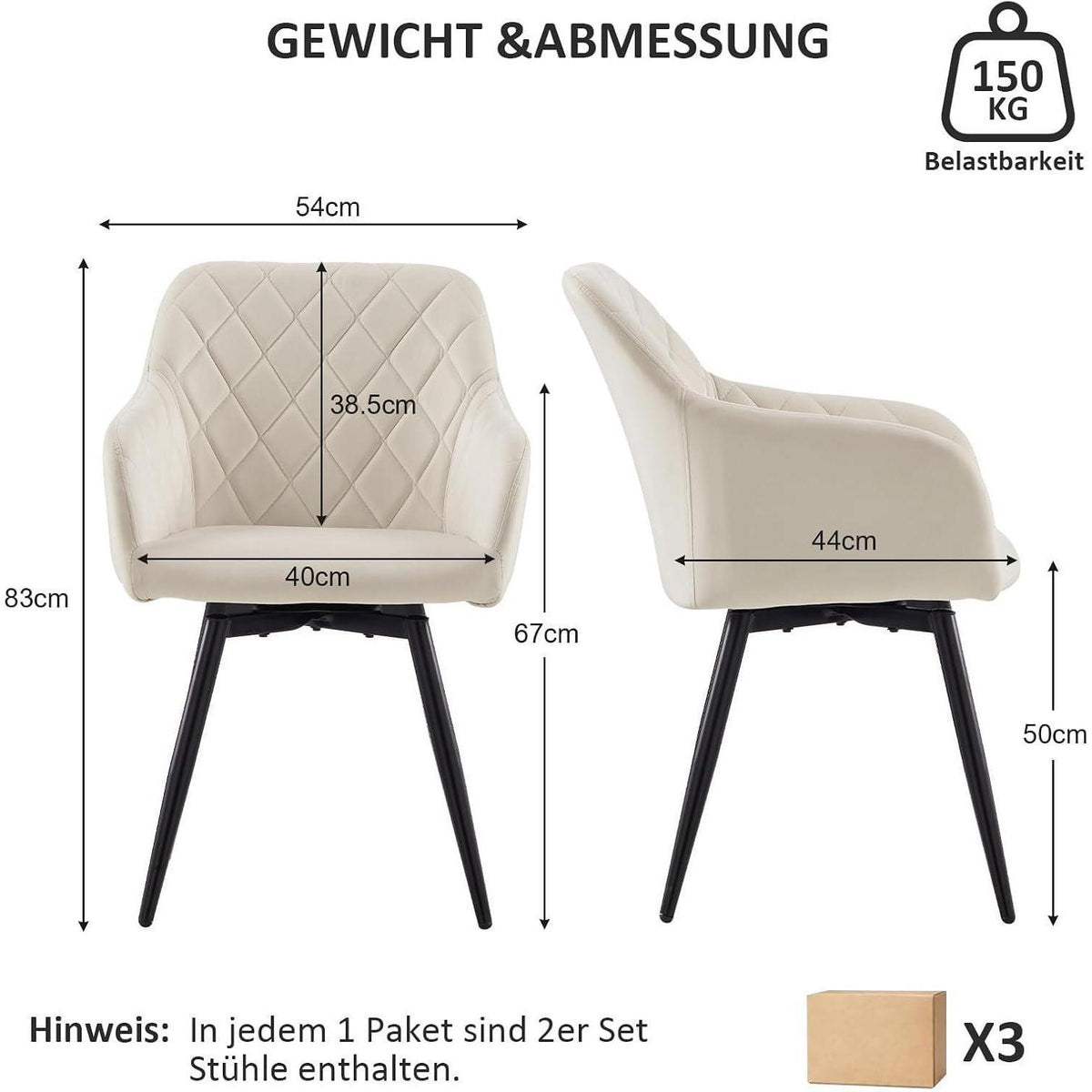 Drehbarer Samt Esszimmerstuhl mit Armlehne – 6er Set Beige