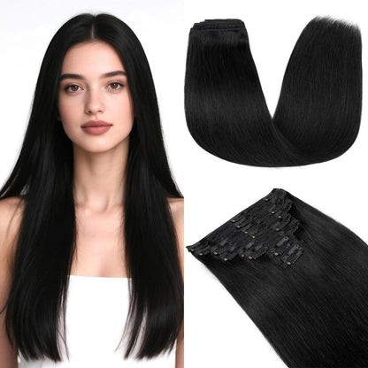 Clip In Haarverlängerung Echthaar Schwarz 35cm (120g)