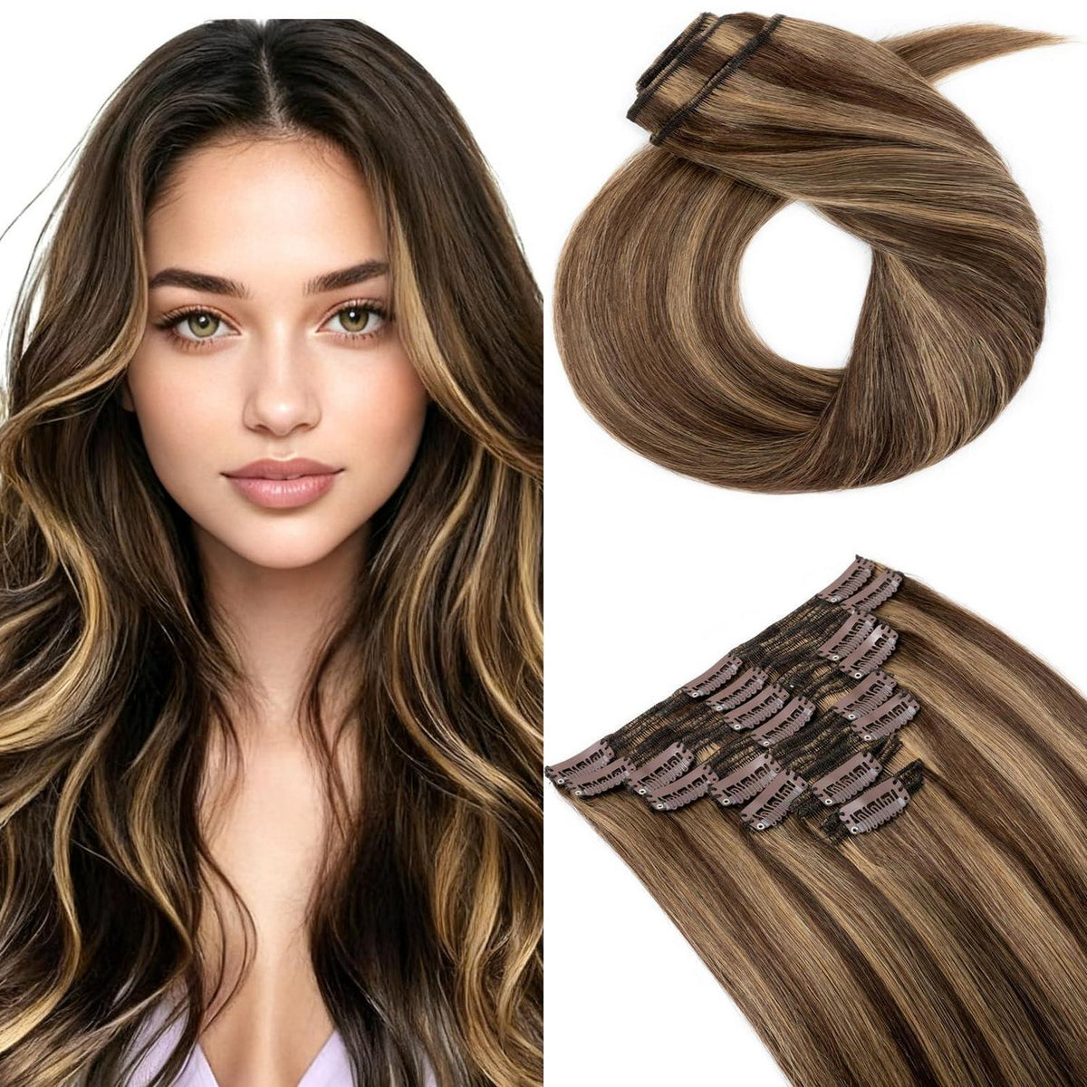Clip In Haarverlängerung Echthaar 45cm Mittelbraun/Dunkelblond
