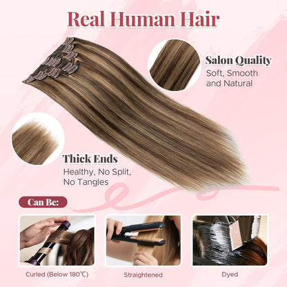 Clip In Haarverlängerung Echthaar 45cm Mittelbraun/Dunkelblond