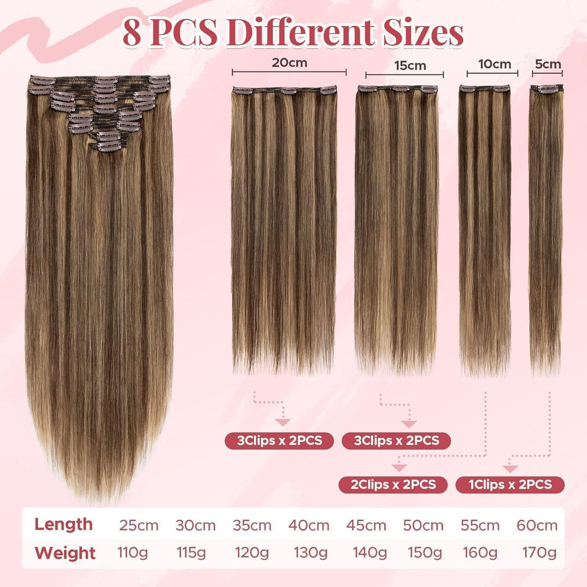 Clip In Haarverlängerung Echthaar 45cm Mittelbraun/Dunkelblond
