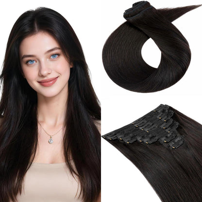 Clip In Haarverlängerung Echthaar 40cm, #1B Schwarz, 130g