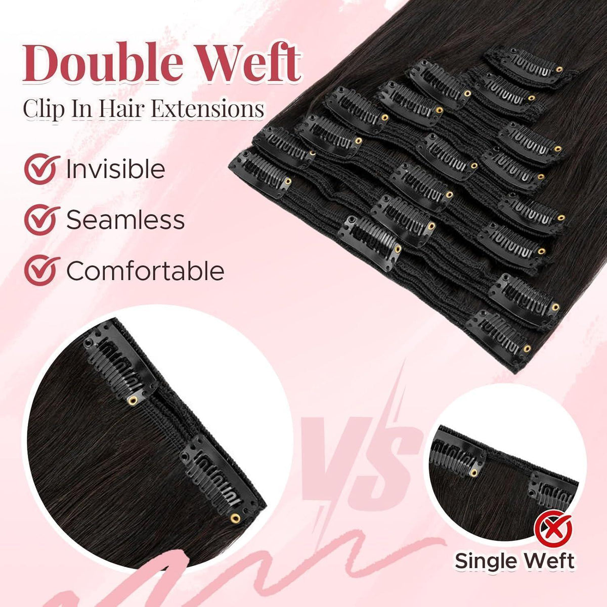 Clip In Haarverlängerung Echthaar 40cm, #1B Schwarz, 130g