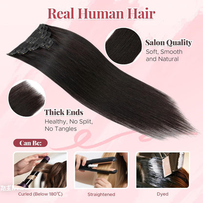 Clip In Haarverlängerung Echthaar 40cm, #1B Schwarz, 130g