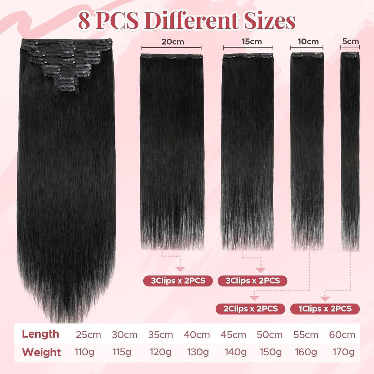 Clip In Echthaar Extensions Schwarz 40cm - 8-teiliges Set