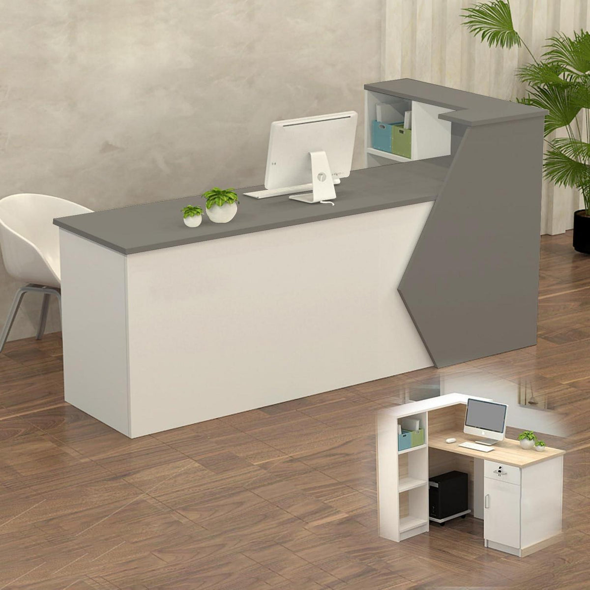 Rezeptionstheke Holz Grau Weiß – 120x60x100cm mit Stauraum