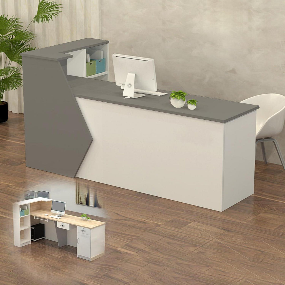 Rezeptionstheke Holz Grau Weiß – Langer Kassentisch 200x60x100cm