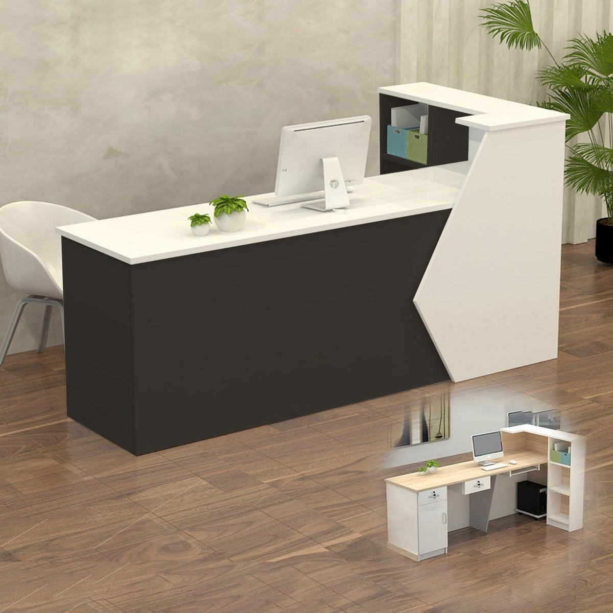 Rezeptionstheke Holz mit Stauraum – 220x60x100cm, Weiß & Schwarz