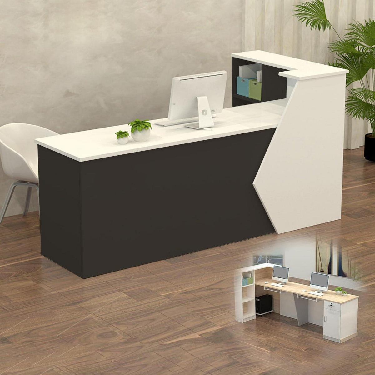 Rezeptionstheke Holz mit Stauraum – 240x60x100cm, Weiß & Schwarz