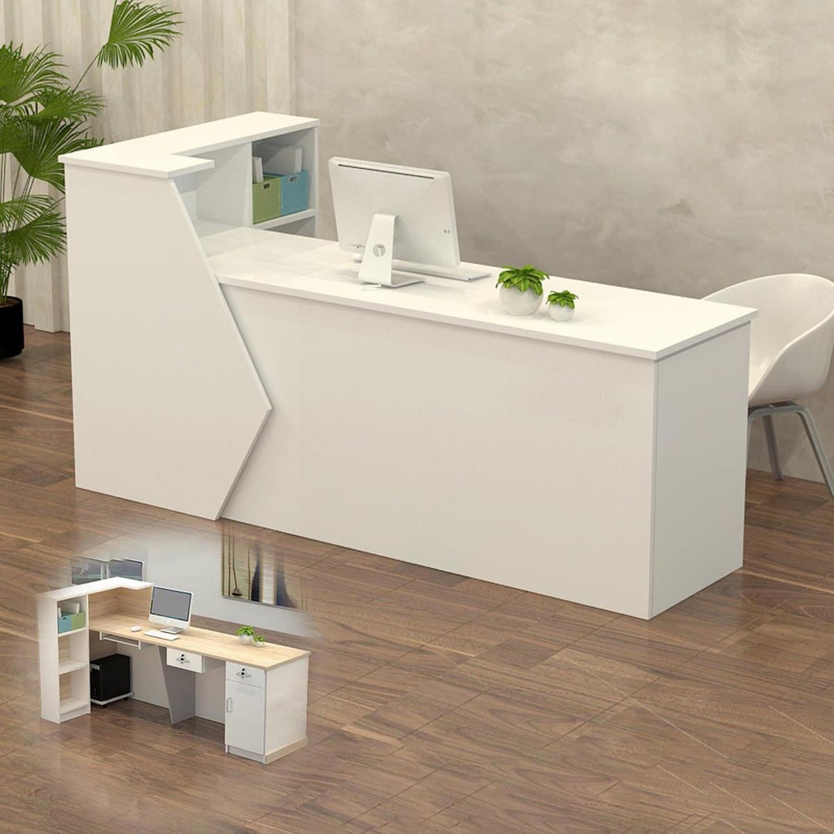 Rezeptionstheke Holz mit Stauraum – Weiß, 220x60x100cm