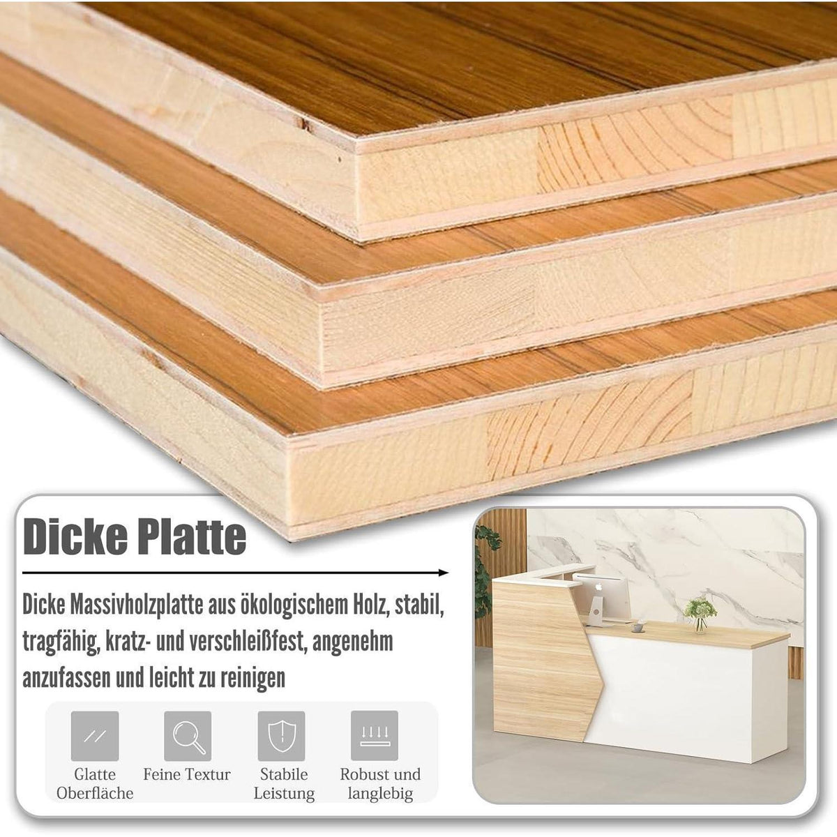 Rezeptionstheke Holz mit Stauraum – 260x60x100cm
