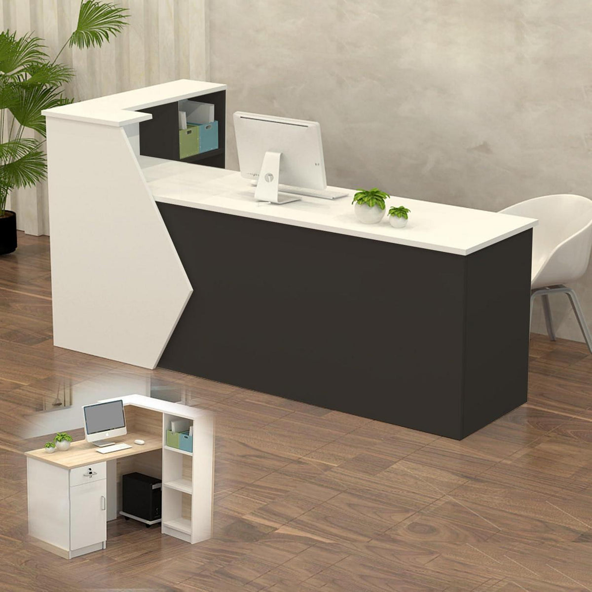 Rezeptionstheke Holz mit Stauraum – 120x60x100cm, Weiß & Schwarz