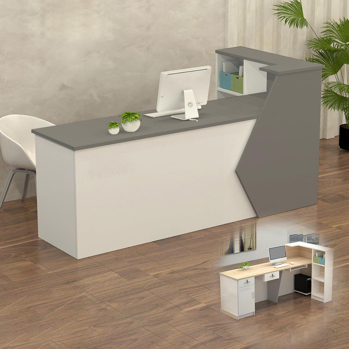 Rezeptionstheke Holz Grau Weiß – Langer Kassentisch 220x60x100cm
